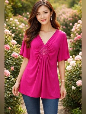 ECI Fushsia Beaded patchwork short sleeve tunic, V-neck blouse plus size XXL